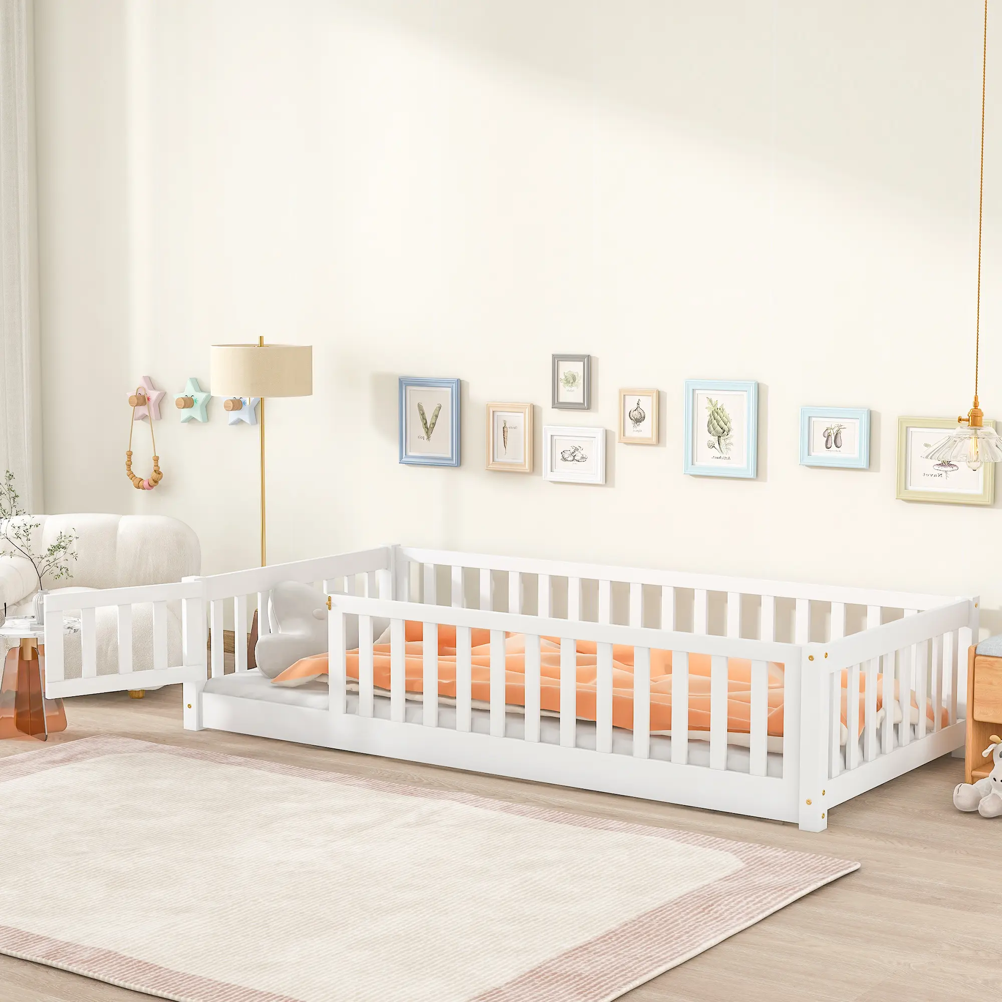 Twin Size Floor Bed with Fence and Door,Rubber Wood Floor Bed with Safety Guardrails,0 formaldehyde pure solid wood It is not just "a bed", but "a solution for a good sleep"