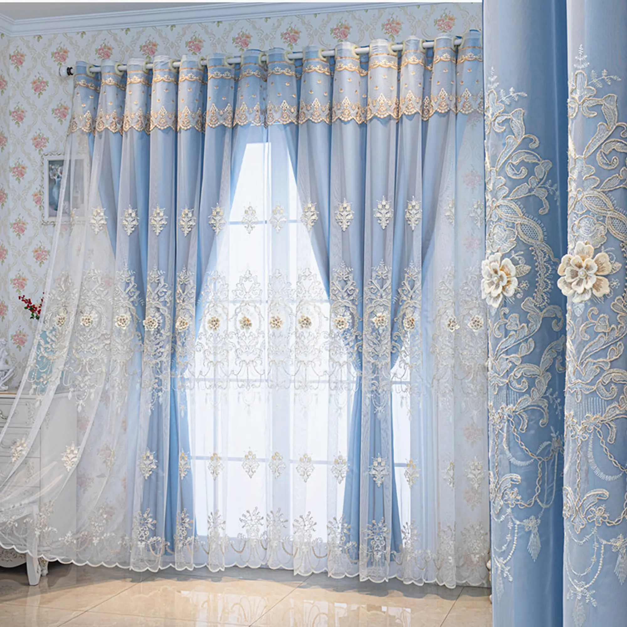 European Style Embroidered Blackout Window Curtains, Soft Light Filtering, High-End Elegant Drapes for Bedroom & Living Room Decor, Home Decoration Curtain, Home Decorative Curtain
