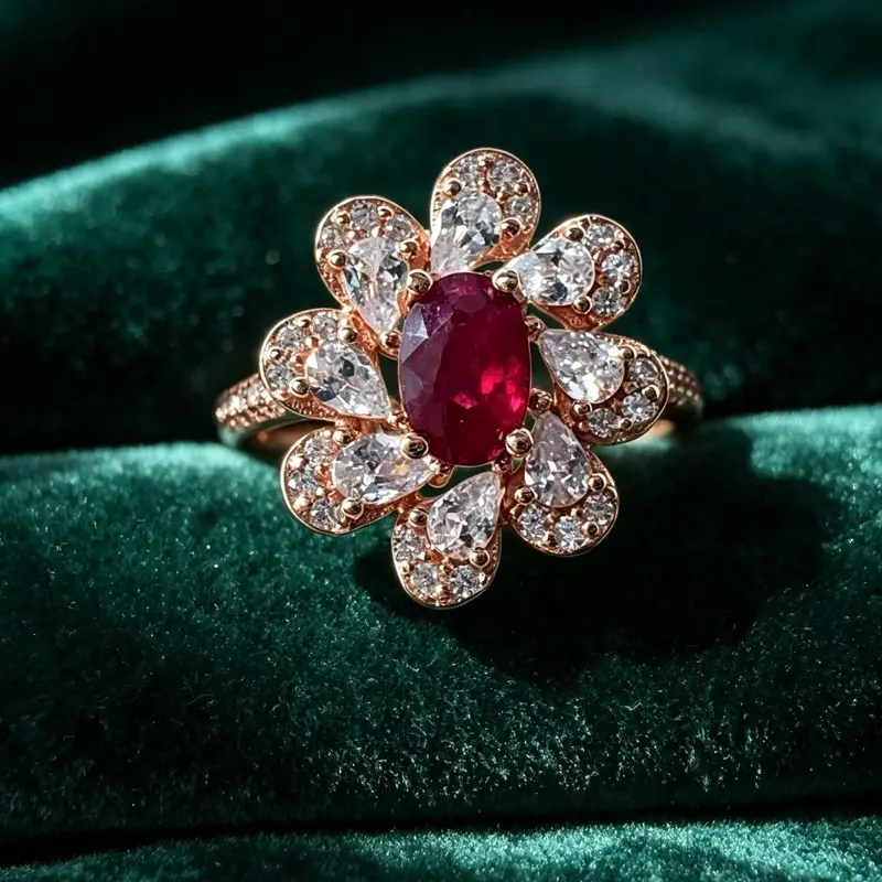 <PingEast jewelry>Ruby ring101——925 Sterling Silver Floral Ring with 4×5mm Natural Burmese Mogok Ruby, Comes with Certificate