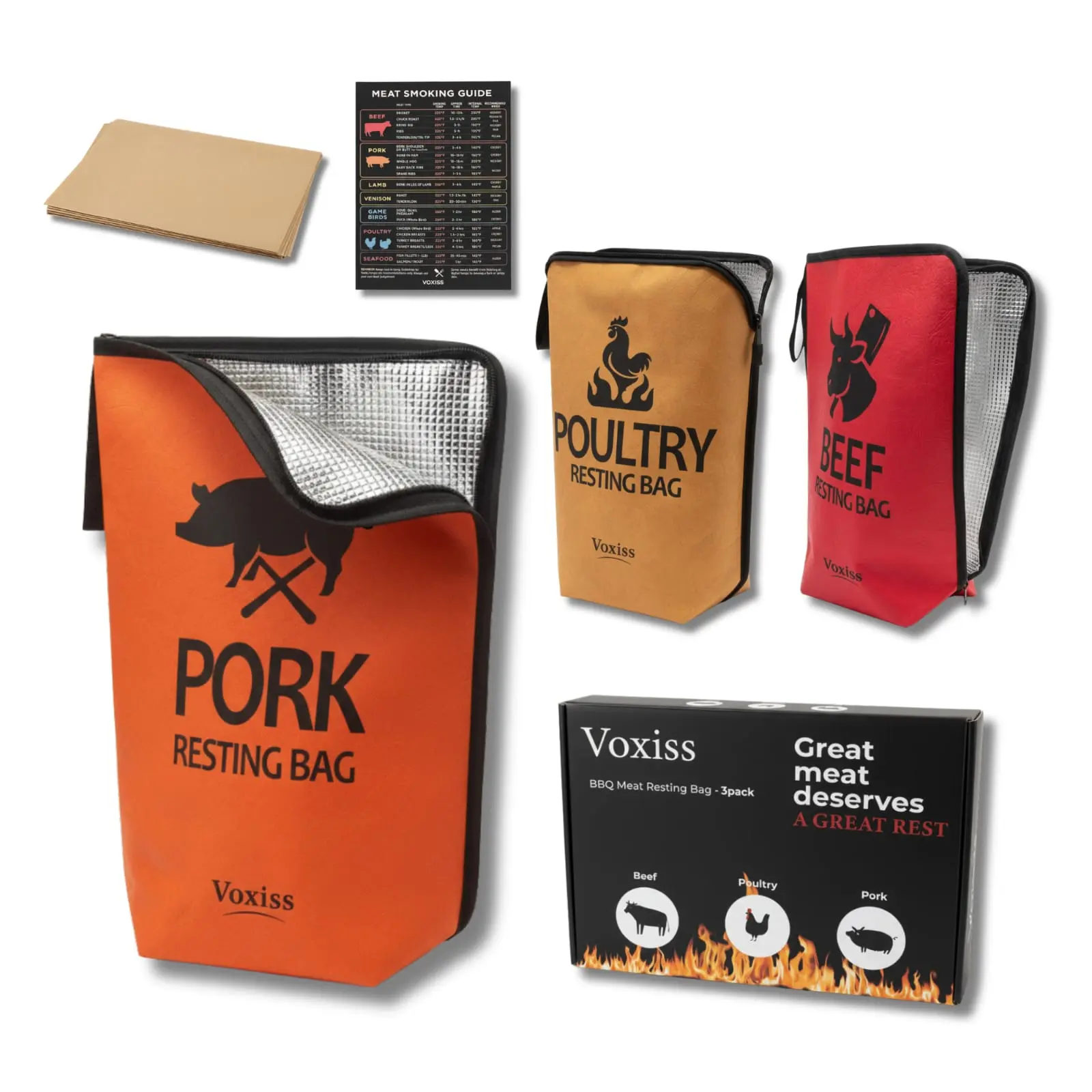 VOXISS BBQ Meat Resting Bag Set of 3 + Butcher Paper - Insulated Resting Blanket - Reusable BBQ Accessories for Brisket, Pork, Turkey - Gift for Men, Grilling & Smoking