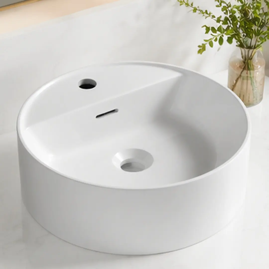 16 Inch Round Bathroom Vessel Sink Solid Surface Artificial Marble Basin with Faucet Hole, White or Black Color Options, Modern Countertop Vanity Bowl for Bathroom Remodel, No Cabinet or Faucet Included, Black/White Color Options