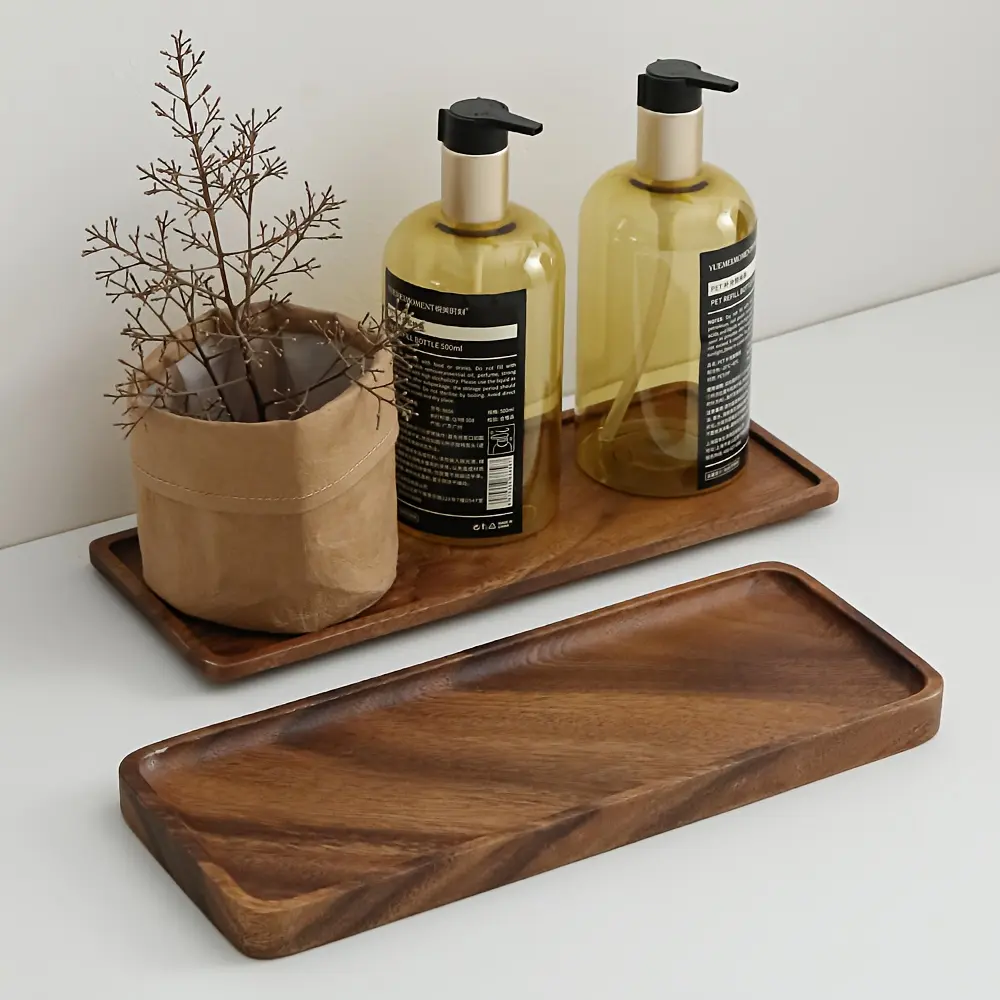 1pc Natural Walnut Wood Rectangular Tray - 11.8-Inch Large Bathroom Countertop Organizer, Polished Moisturizer & Skincare Storage, Durable Lotion Bottle Base, Sink Organizer, Wooden Bathroom Tray, Bathroom Accessory