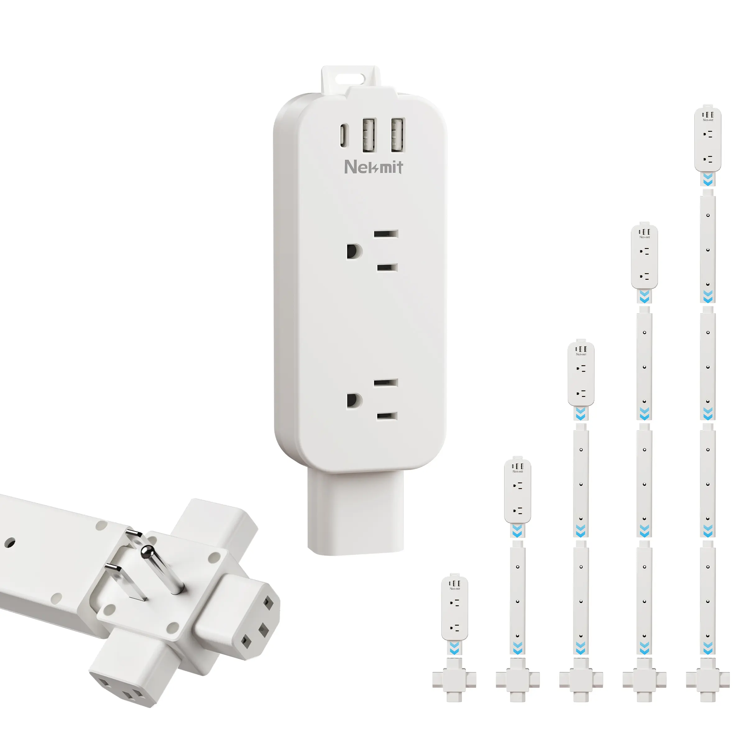 Nekmit Electrical Outlet Extender Stick - 4-Rod, 45.2" Extension, 4-Way Rotation, 2 USB-A, 1 USB-C, 2 AC Ports, for Behind Couches, Nightstands, Usb Ports