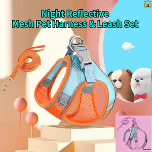 Night Reflective Pet Harness & Leash Set | Mesh & Faux Suede Options | Full-Coverage Reflective Strips | Portable Breathable Outdoor Gear