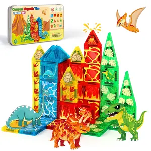 40/52-piece Snap-Together Magnetic Building Blocks for Kids, Dinosaur Themed Series (Forest, Ocean, Volcano, Multicolored Geometric Shapes), Creative Play, Iron Box Portable Travel Set, Ideal Learning Gift for Boys and Girls on Birthdays and Holidays