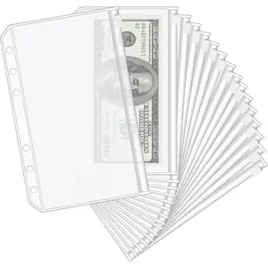 Binder Pockets 6 Holes Cash Envelopes For Budgeting, Clear Zipper Pouch Folders For A6 Planner Inserts, Waterproof PVC Loose Leaf Filing Bags Plastic Money Coupon Sticky Notes Organizer