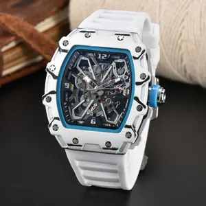 Hot-selling colorful barrel-shaped Richard-style personalized carbon fiber hollow-out fashion trendy vintage quartz watch for men at wholesale price, fashion accessory, holiday gift