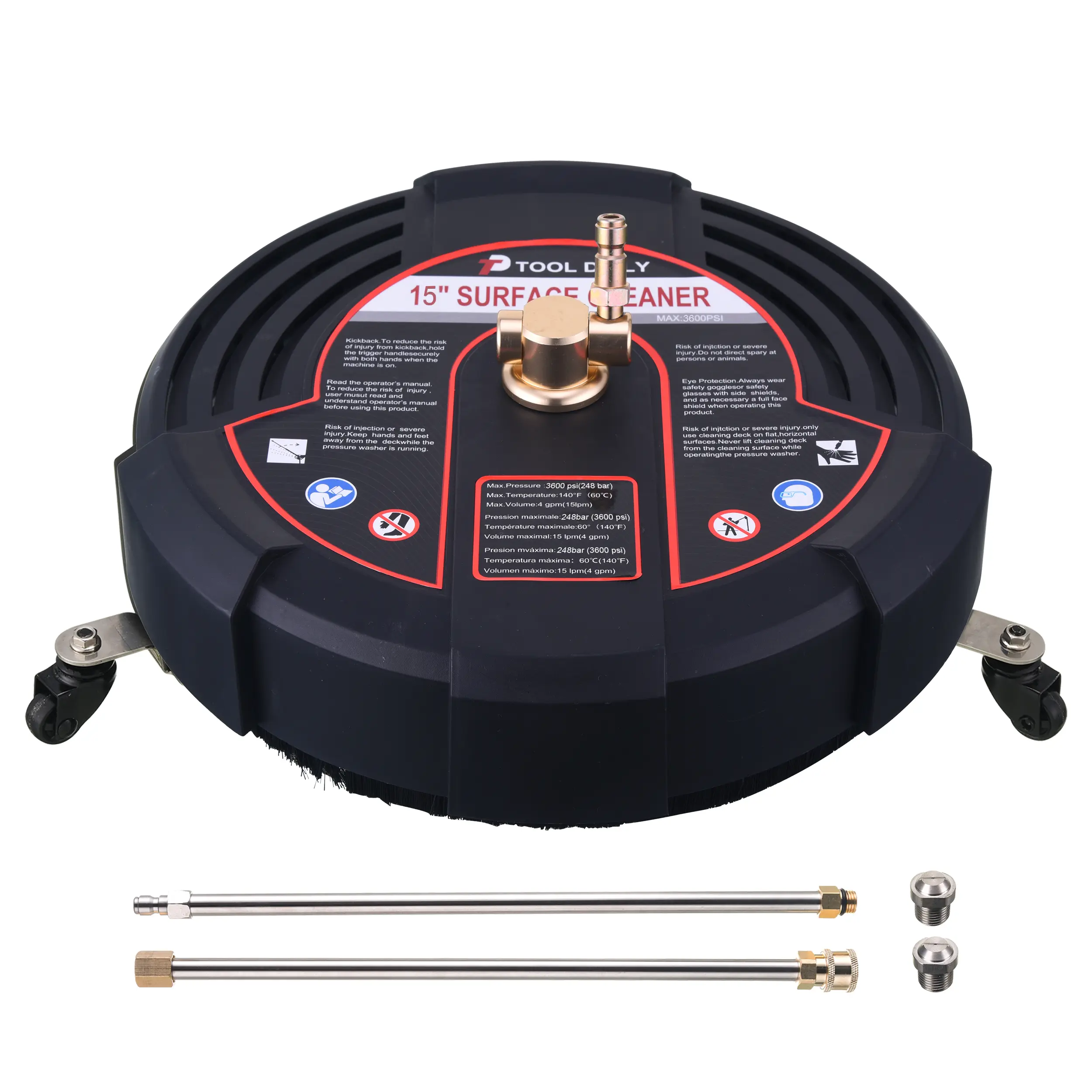 Tool Daily 15-Inch Heavy Duty High Pressure Washer Surface Cleaner Attachment - 1 Count, 3 Wheels for Mobility, 2 Count Extension Wands, 2 Replacement Nozzles, 3600 PSI, Quick Connect, Black, Heavy Duty Cleaning Accessory for Walls, Sidewalks, 1 Count 15