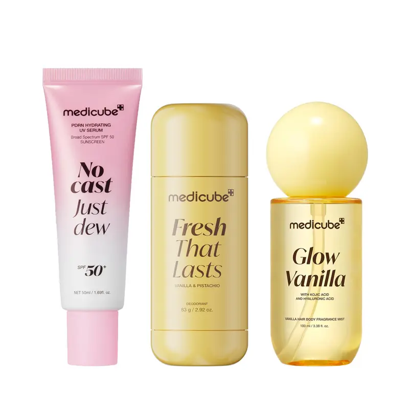 [medicube] Beat the Sun, Sweat & Odor Set | 24 Hours Odor Control, Deep Hydration, Body Brightening Care & Boosting Hair Radiance, Daily Lightweight Sunscreen SPF 50, Glow Vanilla | Korean Skincare, K-Beauty