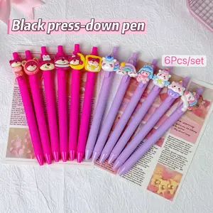 6-Pack Cartoon DIY Creative Bear Pens, Rainbow Clicker Neutral Pens, Cute Student Brush Pens, Quick-Dry Smooth Signatures