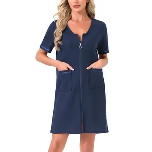 INSPIRE CHIC Women's Zipper Robes Front Open Knit Short Bathrobe Collarless House Coat with Pockets Soft Waffle Nightgown Large deep Blue