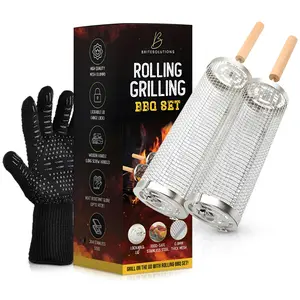 Portable Lockable Rolling Grill Baskets (2pcs) with Removable Wooden Handle & Heat-Resistant Glove – Stainless Steel Rotating BBQ Accessory for Outdoor & Smokeless Grilling Utensils