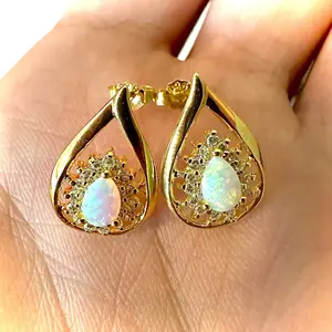 Tear Drop Cut White Fire Opal Sterling Silver 18K Gold Plated Opal Earrings Stud