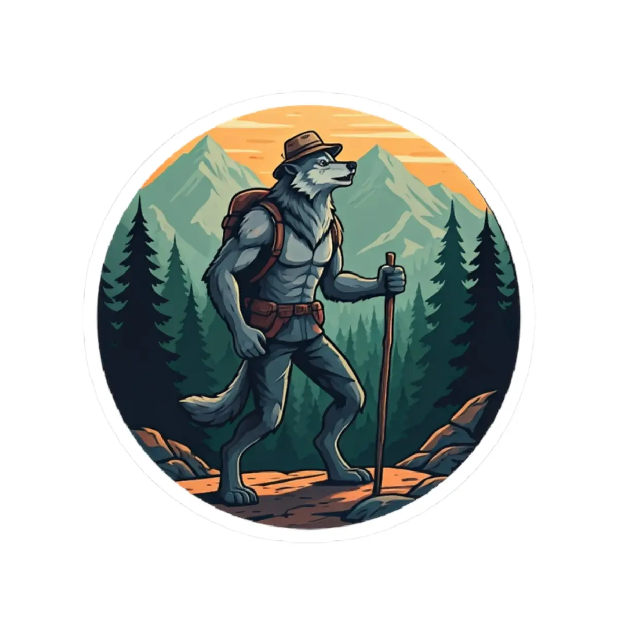 Werewolf Hiker Kiss-Cut Sticker - Outdoor Wilderness Adventure Vinyl Decal, Camping Gear Laptop Decoration, Full Moon Howling Creature,