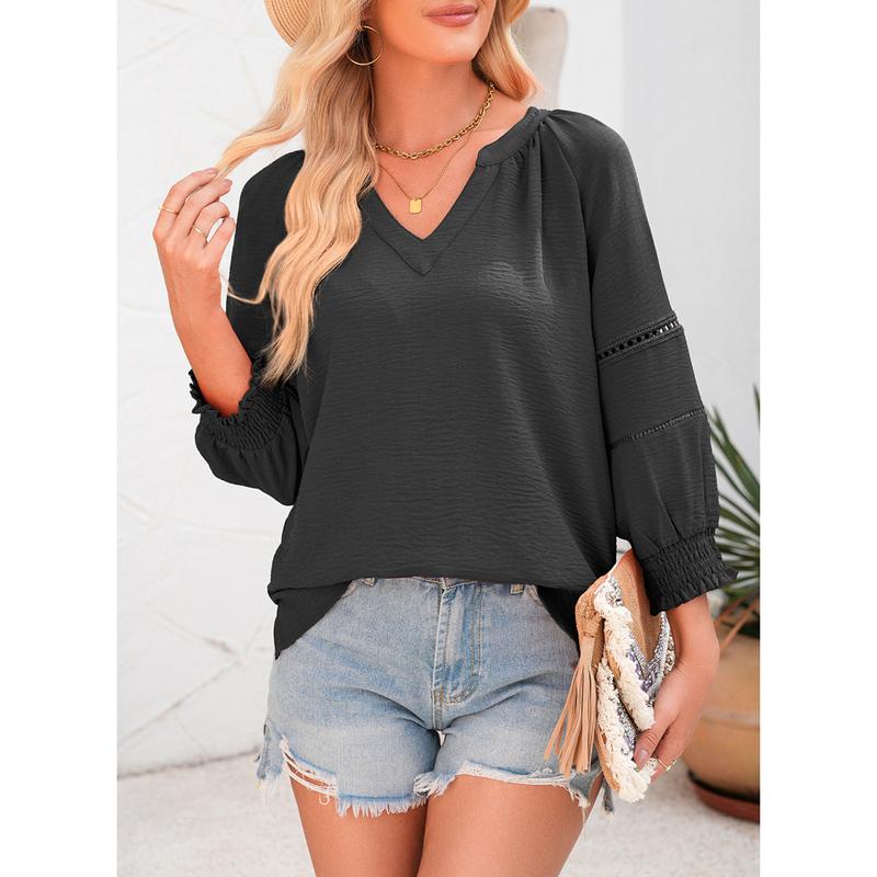 Dokotoo Women's Summer Tops 3/4 Lantern Sleeve Casual V-Neck T-Shirts Pleated Loose Tunic Hollow-Out Blouse Regular Fit 100% Polyester Soft Breathable Stretchy Skin-Friendly Drapes Nicely Durable Comfortable for All Seasons