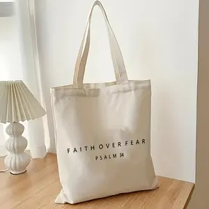 Faith Over Fear Psalm 34 Canvas Tote Bag, Minimal Christian Bible Verse Shoulder Bag, Religious Inspirational Reusable Shopping Tote Gift for Believers