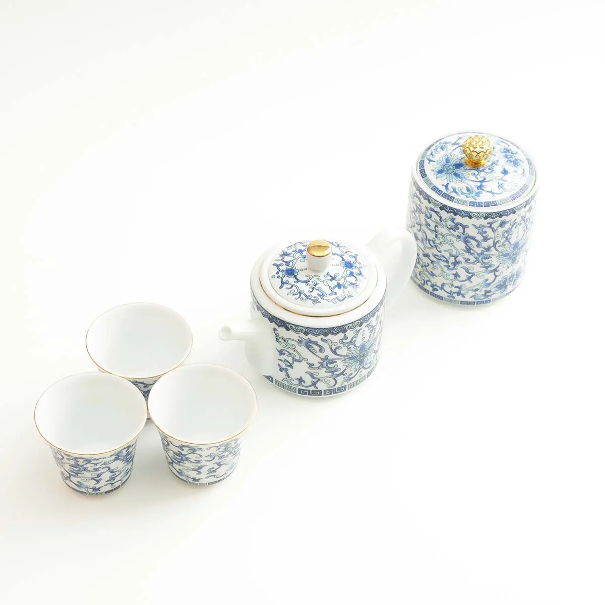5-Piece Dehua Jade Porcelain Blue & White Lotus Scroll Teapot Set, Tea Cup Set for Kitchen Tea Brewing, Five Pieces