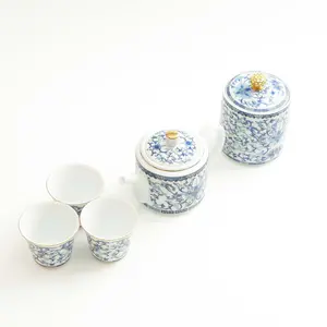 5 Piece Blue & White Lotus Scroll Teapot Set in Dehua Jade Porcelain