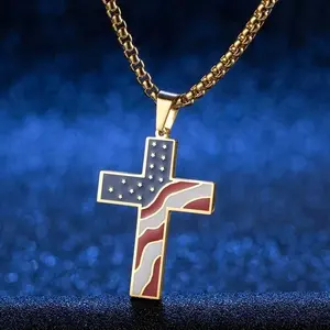 Gold-Plated Flag Cross Necklace with Adjustable 18-22 Inch Chain and American Flag Design - Unisex, Metal Coating, 0.5 cubic inches boyfriend gifts daily use chains