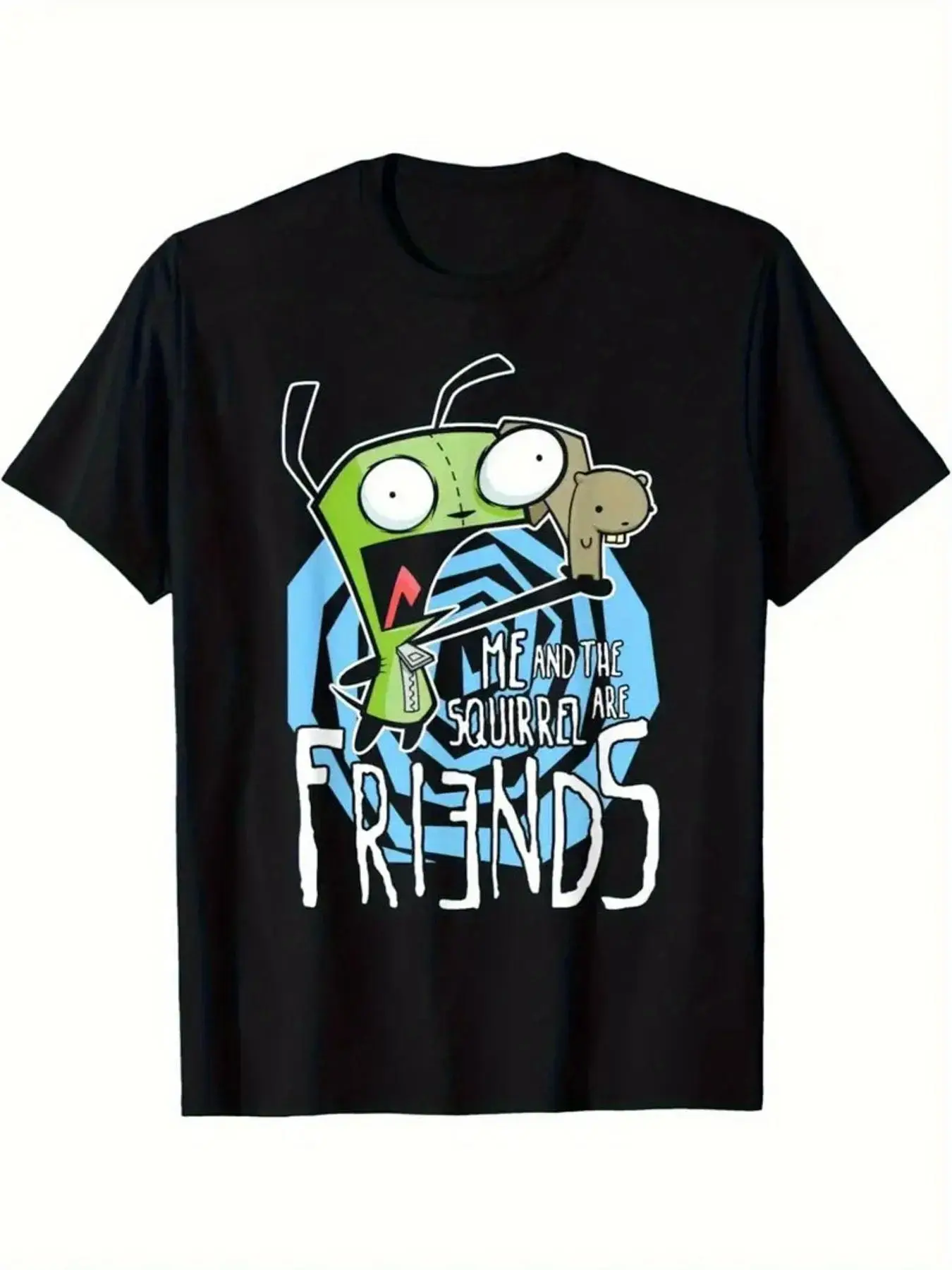Men's Casual Cotton Short-Sleeve Invader Zim Gir "Me And The Squirrel Are Friends" Print Top, 90s Cartoon Graphic T-Shirt, Prints, Fabric, Cartoon Motif, Fit, All-Season