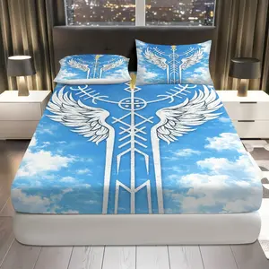 3Pcs Sky Angel Wings Nordic Symbol Fitted Sheet Three Piece Set (1*Fitted Sheet+2*Pillowcases, Coreless), Holiday theme, Heavenly Clouds Soft Bedding Set, Mattress protector Soft, Breathable