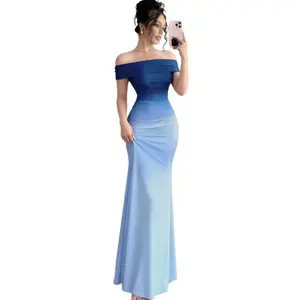 2026 New Fashion Short-Sleeve Gradient Off-Shoulder Bodycon Dress, Pure Desire Style Gradient Halter Neck Mermaid Dress, Sexy Off-Shoulder Slim-Fit Bodycon Long Dress