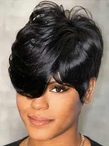 Straight Human Hair Wig for Women Pixie Cut Wig Full Machine Made Wig 150% Density 6 Inch