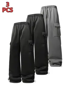 [3 Pcs] Men's Casual Fitted Long Pants with Pockets, Drawstring Waist, Adjustable Hem, Regular Fit, Fall & Winter Wear