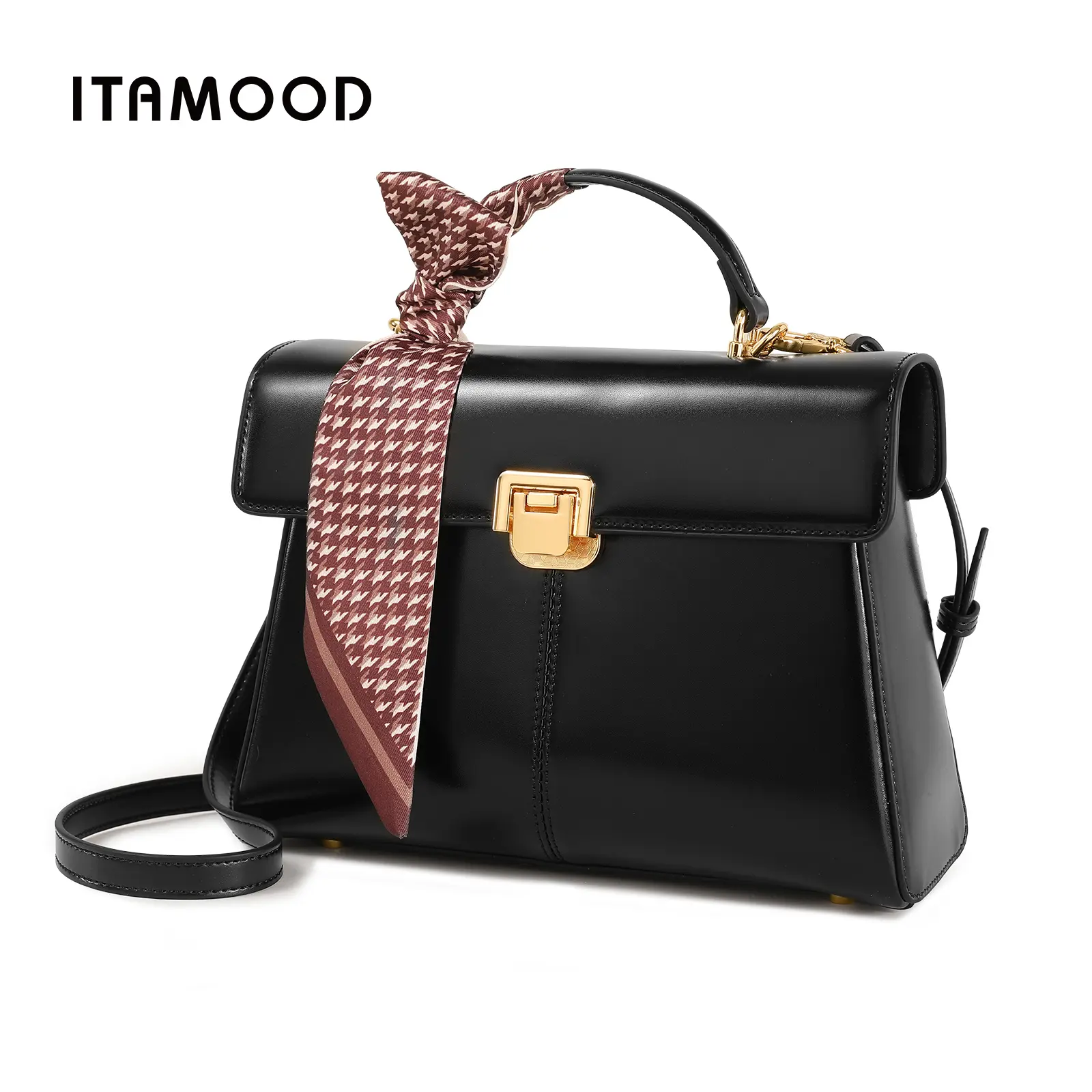 ITAMOOD Women’s Soft Structured Leather Top Handle Satchel Bag - Gold Lock, Gold Shoulder Strap, Adjustable Strap, Silk Scarf, Small & Medium Sizes Crossbody & Shoulder Handbag, Gold Shoulder Strap Women's Crossbody & Shoulder Bags, Soft Structured Women'
