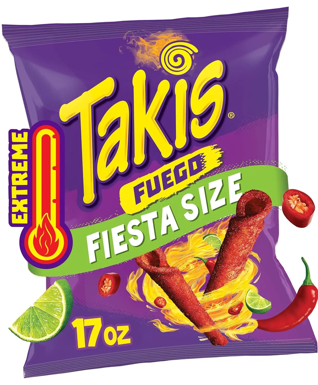 Takis Fuego Rolled Tortilla Chips - 17oz Big Party Size Corn Flour Bag, Extremely Spicy Hot Chili Pepper & Hot Lime Flavor Rolled Chips Snacks for Fiestas, Cook-Outs