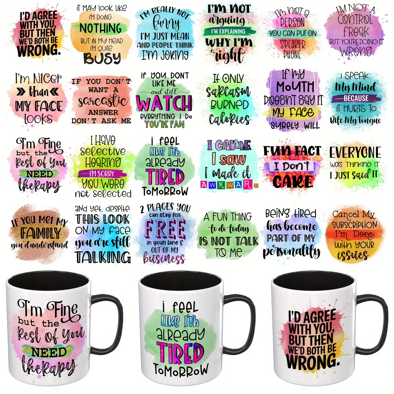 UV DTF Cup Sticker Packaging -24 pieces of satirical quotes, suitable for DIY creative high viscosity UV DTF transfer stickers such as mugs, glasses, laptops, tables and chairs (excluding cups)