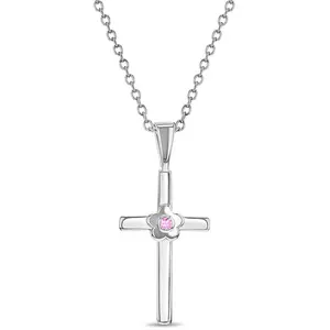 Flower CZ Cross Kids / Children's / Girls Pendant/Necklace - Sterling Silver