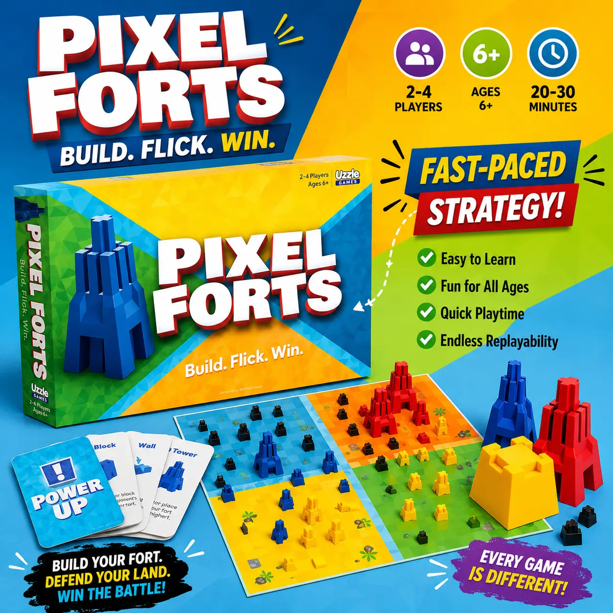 Uzzle Pixel Forts – Family Board Game for Kids & Adults | Ages 6+ | Fast-Paced Strategy Fort Battle Game
