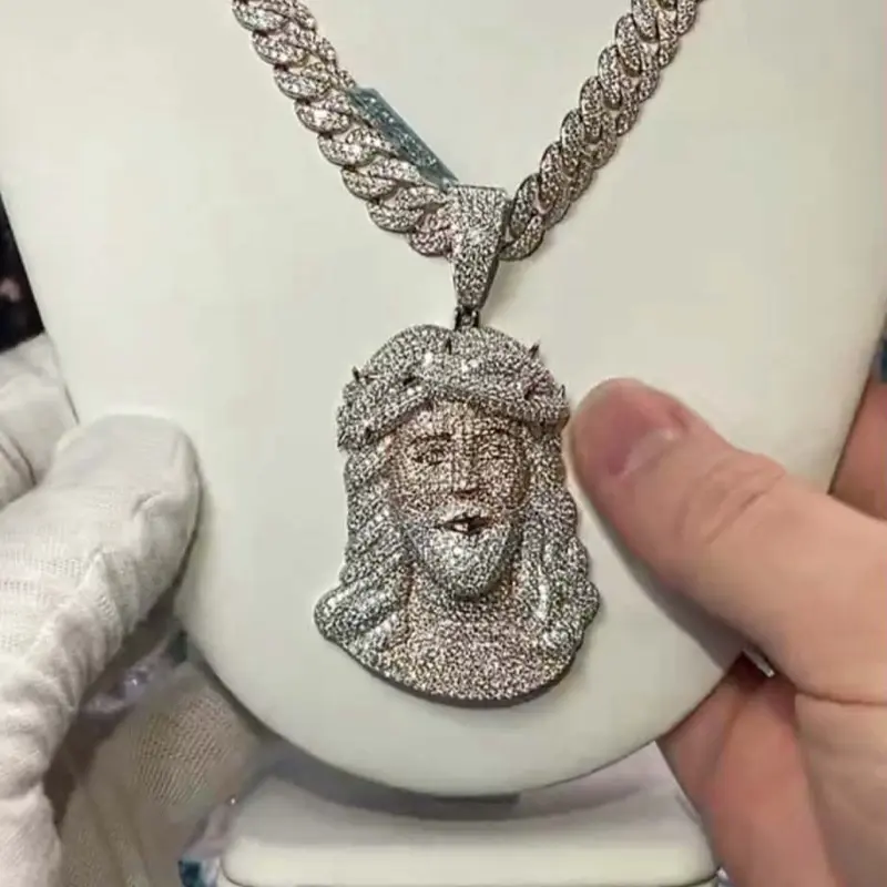 20” 10mm 2tone Sterling Silver Moissanite Cuban Link Chain and Large Jesus Head Pendant