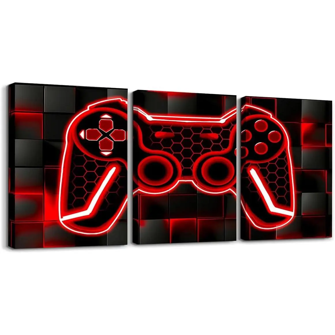 Feelyou Gamer Canvas Wall Art - 12"x16" 3-Piece Red and Black Framed Retro Christmas Print with Hanger, Decorative Geometric Farmhouse Home Decor for Bedroom, Eco-Friendly Thanksgiving Halloween Gift