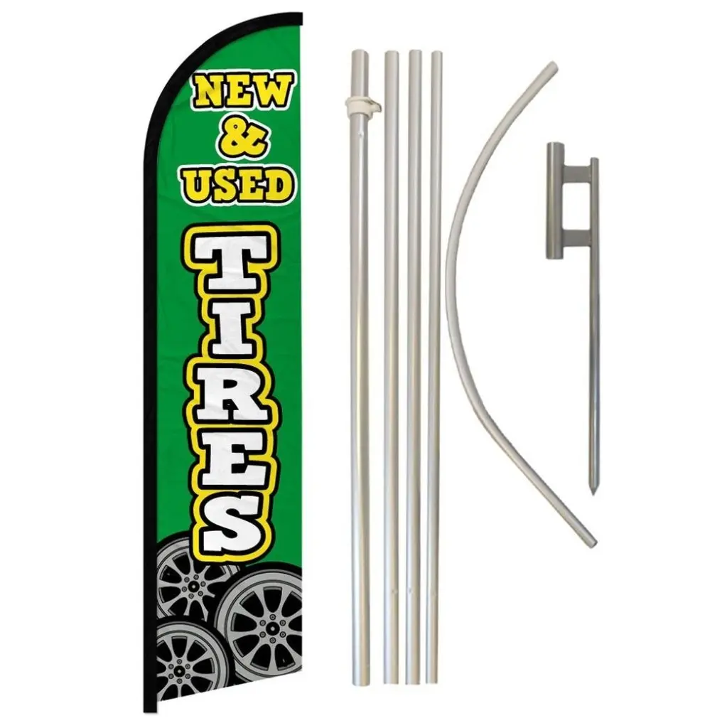 Windproof Business Advertising Banner Flag - 11.5x2.5ft Hangable Synthetic High-Tenacity Super Knit Polyester Printable Flag with Curved Sleeve, Easy-Install Steel-Aluminium Pole Single Set, Tire Graphic Outdoor Signage (New & Used Options)