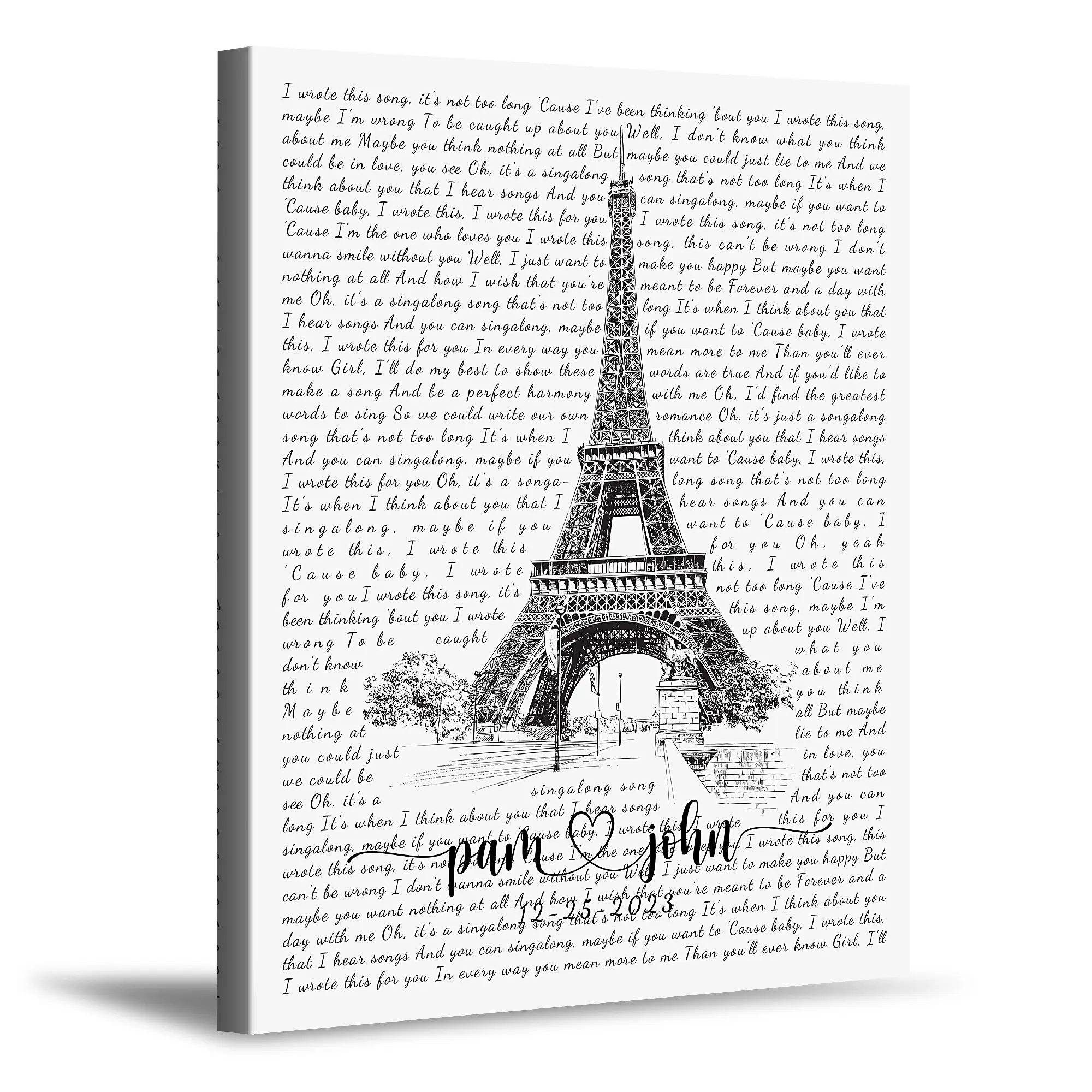 Custom Song Lyrics Paris Eiffel Tower Wall art Photo or Canvas Prints with Couple's Names and Special Date on it,Perfect Present for Anniversary,Wedding,Birthday,Holidays