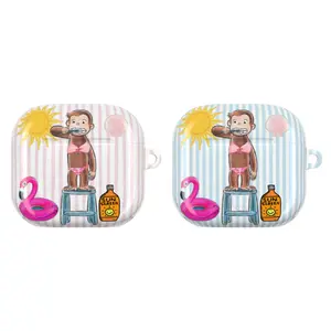 Cute Summer Curious George AirPods Case for AirPods 1 2 3 4, AirPods Pro 1 2 3, Pink Blue Striped Bikini Aesthetic Earbuds Cover Beach Vacation Gift