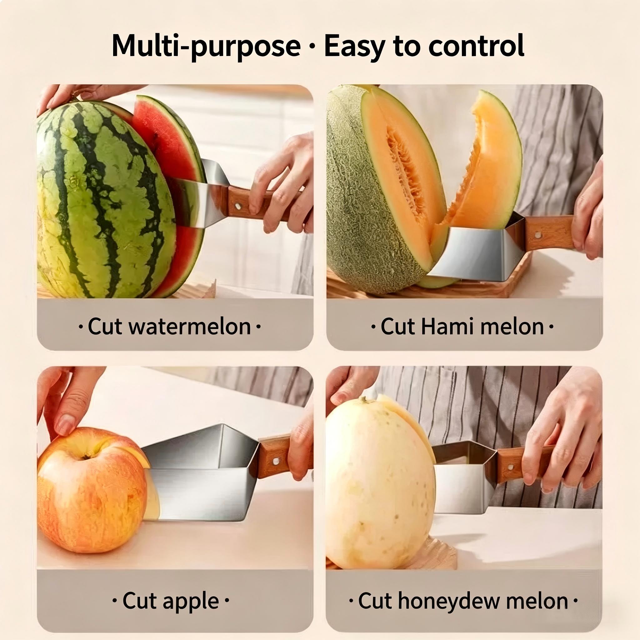Stainless steel watermelon slicer,multi-functional fruit slicer,StainlessSteel Melon Slicer with Wooden Handle,FruitCutting Tool for Watermelon