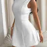 Womens White Pearl Trim Sleeveless Peplum Fit And Flare Mini Dress, Round Neck Backless, Cocktail Party, Bridal Shower, Wedding Guest Dresses, Summer Vacation, Soft Stretch Fabric