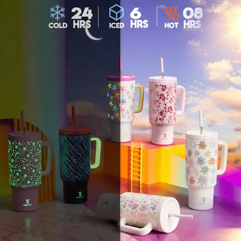 Just Launched,MEOKY 40oz Sunlight Activated Color Changing Floral Tumbler, Stainless Steel Insulated Travel Mug with Handle & Straw, 24H Cold Retention Leakproof Water Bottle for Women Car Office Gym Daily Use#tiktokshopstockup, Flasks, Reus