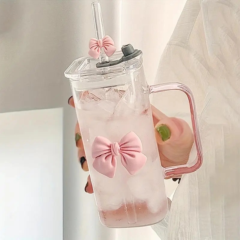 Bowknot Design Glass Tumbler Mug, Clear Cute Water Bottle with Handle, Drinking Cup for Home Office School, Gift for Girls, Drinkware, Glass Creative Cup