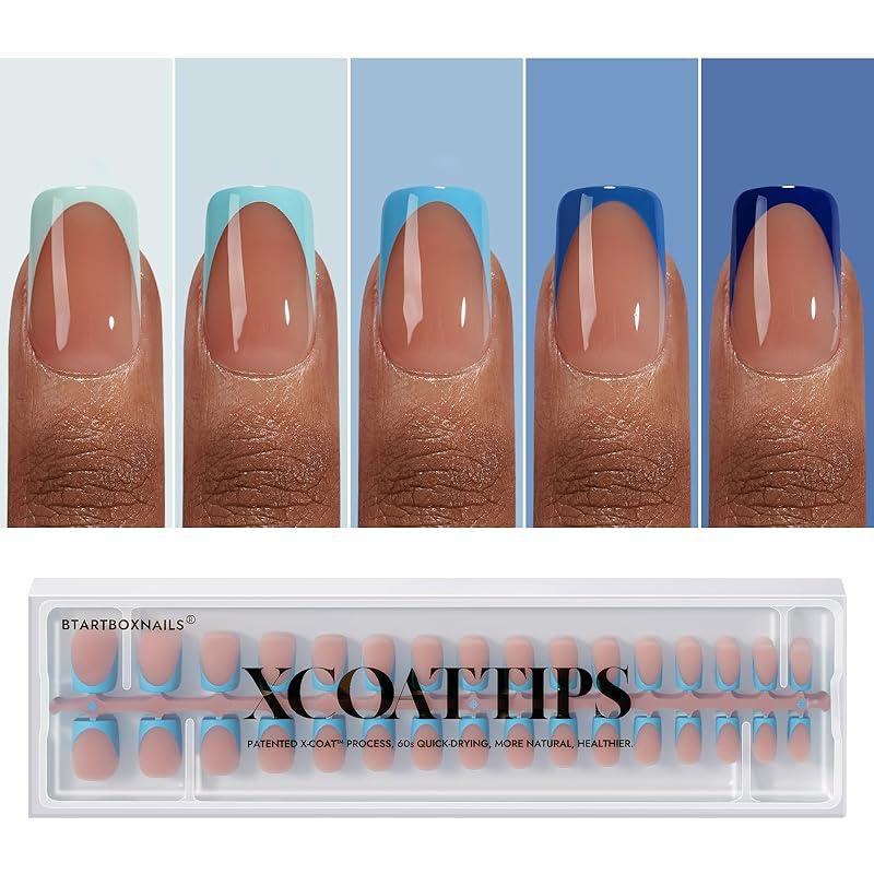 BTArtboxnails XCOATTIPS French Tip Press On Nails - Blue Short Square Fake Nail Tips, 160Pcs Soak Off Soft Gel Acrylic Nail Extension in 16 Sizes