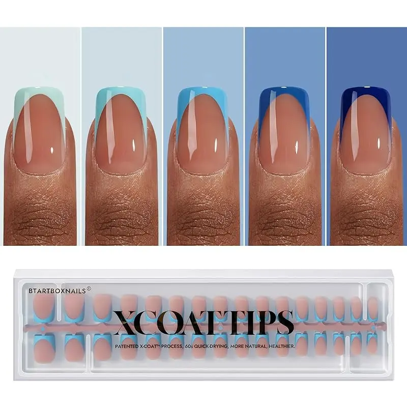 BTArtboxnails XCOATTIPS French Tip Press On Nails - Blue Short Square Fake Nail Tips, 160Pcs Soak Off Soft Gel Acrylic Nail Extension in 16 Sizes