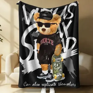 Cool Skateboard Teddy Bear Flannel Throw Blanket, Ultra Soft Warm Cozy Blanket for Couch Bed Sofa, Stylish Streetwear Print Blanket, Trendy Gift Blanket for Teens Boys Bedroom & Dorm Decor