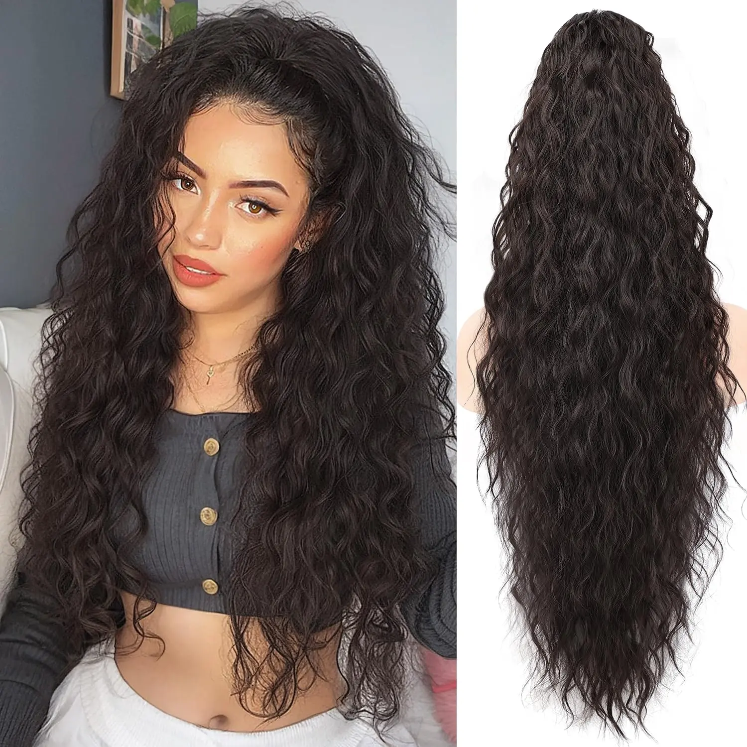【Only $16.99】Women's 18-in Synthetic Hair Ponytail Extension - Clip-On Long Loose Curly Water Wave Hairpieces, Light Blonde Bohemian Style, Adds Length & Drama, Boosts Hair Volume, For Party & Daily Use, Non-Permable & Non-Dyeable, Wavy Hairpieces, Synthe