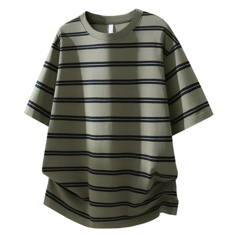 Men's Cotton Striped Colorblock T-Shirt - Oversized Loose-Fit Round Neck Short-Sleeve Summer Streetwear Top with Curved Hem, Unisex Casual Basics Menswear Fashion Apparel Tee