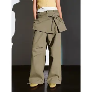 URBAN REVIVO Women's Basic Cotton-Polyester Blend Bottom, 2026 Spring Minimalist Loose Wide-Leg Skirt Pants with Tie Waist, Ruched Design, UYL660028 for Everyday, Casual Outings