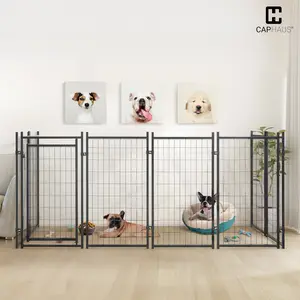 CAPHAUS Indoor Outdoor Dual-Use Dog Kennel with Removable Roof, 47.2/94.5-Inch Outdoor Pet Playpen with Waterproof and Anti-UV Grey Roof Cover, Anti-Rust Metal Frame Dog Run with Ground Nails