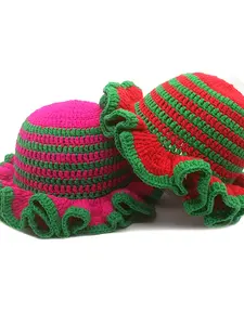 Handmade Crochet Knitted Ruffle Hat for Adults, Colorblock Hollow Out Wavy Edge Woolen Cap, Halloween Fashion Party Hat, Funny Hat